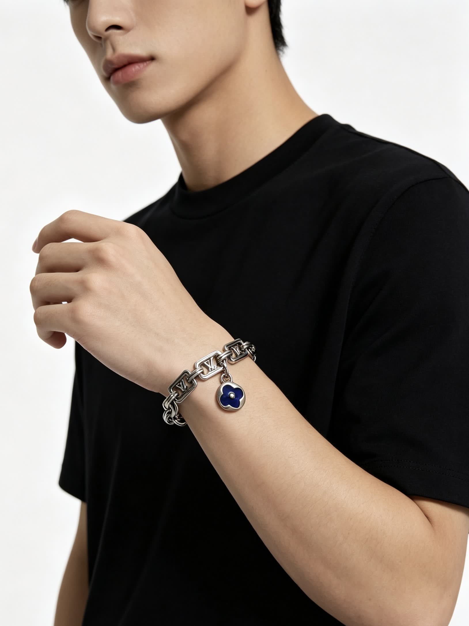 Louis Vuitton Silver Tone Bracelet with Monogram Charm